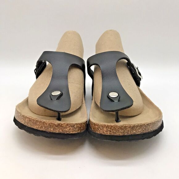 Mudd Cow Suede Cork Footbed Sandals Women's 8 Black Adjustable Buckle Thongs - Picture 3 of 11